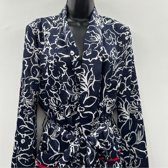 Misa Azores Tasseled Navy Blue & White Floral Long Sleeve Tie Long Kimono XS NEW - Picture 4 of 13